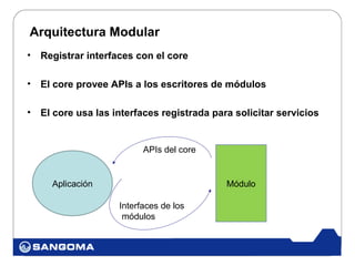 Arquitectura Modular
•   Registrar interfaces con el core

•   El core provee APIs a los escritores de módulos

•   El core usa las interfaces registrada para solicitar servicios


                           APIs del core


      Aplicación                             Módulo

                     Interfaces de los
                      módulos
 