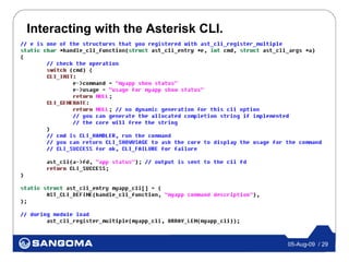 Interacting with the Asterisk CLI.




                                     05-Aug-09 / 29
 