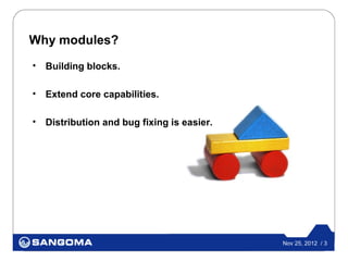 Why modules?
•   Building blocks.

•   Extend core capabilities.

•   Distribution and bug fixing is easier.




                                             Nov 25, 2012 / 3
 