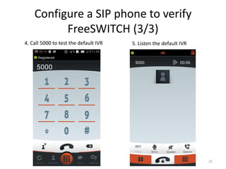 Configure a SIP phone to verify
FreeSWITCH (3/3)
22
4. Call 5000 to test the default IVR 5. Listen the default IVR
 