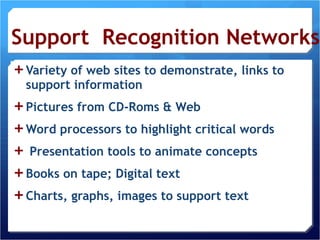 Support  Recognition Networks Variety of web sites to demonstrate, links to support information Pictures from CD-Roms & Web Word processors to highlight critical words Presentation tools to animate concepts Books on tape; Digital text Charts, graphs, images to support text 