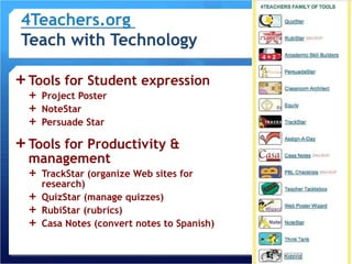 Tools for Student expression Project Poster NoteStar Persuade Star Tools for Productivity & management TrackStar (organize Web sites for research) QuizStar (manage quizzes) RubiStar (rubrics) Casa Notes (convert notes to Spanish) 