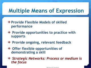 Multiple Means of Expression Provide Flexible Models of skilled performance Provide opportunities to practice with supports Provide ongoing, relevant feedback Offer flexible opportunities of demonstrating a skill Strategic Networks: Process or medium is the focus Wissick & Gardner 