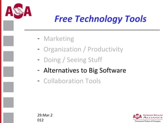 Free Technology Tools
-

Marketing
Organization / Productivity
Doing / Seeing Stuff
Alternatives to Big Software
Collaboration Tools

29.Mar.2
012

 