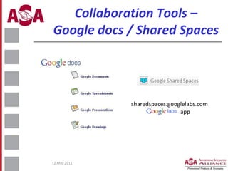 Collaboration Tools – Google docs / Shared Spaces <ul><li>sharedspaces.googlelabs.com </li></ul><ul><li>Google labs  app <...