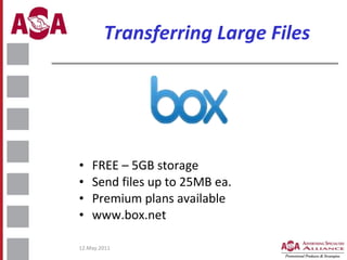 Transferring Large Files <ul><li>FREE – 5GB storage  </li></ul><ul><li>Send files up to 25MB ea. </li></ul><ul><li>Premium...