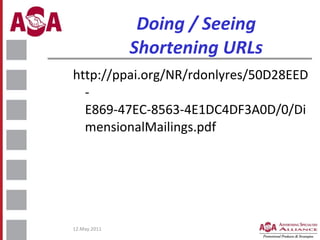 Doing / Seeing Shortening URLs <ul><li>http://ppai.org/NR/rdonlyres/50D28EED-E869-47EC-8563-4E1DC4DF3A0D/0/DimensionalMail...