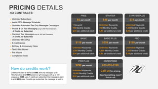 PRICING DETAILS
NO CONTRACTS!
aUnlimited Subscribers
atextALERTs Message Scheduler
aUnlimited Automated Text Drip Messages Campaigns
aPicture & Gif Text Messaging w/up to 640 Text Characters
	 (2 Credits per Subscriber)
aStandard Text Messages w/up to 160 Text Characters
	 (1 Credits per Subscriber)
aUnlimited Mini-URLs
aE-mail Capture
aBirthday & Anniversary Clubs
aText-2-Win Wizard
aPoll Wizard
aCompliance Tools
1 Keyword
100 Monthly Credits
$.04 per additional credit
Unlimited Keywords
3,000 Monthly Credits
$.04 per additional credit
Unlimited Keywords
15,000 Monthly Credits
$.02 per additional credit
Unlimited Keywords
750 Monthly Credits
$.04 per additional credit
Unlimited Keywords
5,000 Monthly Credits
$.04 per additional credit
Call us for pricing.
Need something more?
Give us a call.
Unlimited Keywords
1,500 Monthly Credits
$.04 per additional credit
Unlimited Keywords
7,500 Monthly Credits
$.04 per additional credit
FREE
BASIC
PRO PLUS
STARTER
BASIC PLUS
ENTERPRISE
STARTER PLUS
PRO
$0 per month
$119 per month
$299 per month
$49 per month
$159 per month
615-255-3199
$75 per month
$199 per month
How do credits work?
Credits are used to send out SMS (text only messages up to
160 characters) and MMS (picture or gif messages with up to 640
characters). SMS uses 1 credit per subscriber the message is sent
to and MMS uses 2 credits per subscriber the message is sent to.
 