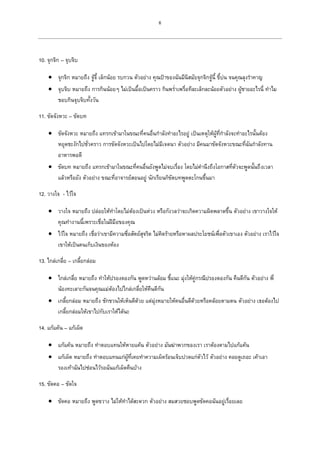 6
10. จุกจิก – จุบจิบ
 จุกจิก หมายถึง จู้จี้ เล็กน้อย รบกวน ตัวอย่าง คุณป้าของฉันมีนิสมัยจุกจิกจู้นี้ ขี้บ่น จนคุณลุงราคาญ
 จุบจิบ หมายถึง การกินน้อยๆ ไม่เป็นมื้อเป็นคราว กินพร่าเพรื่อทีละเล็กละน้อยตัวอย่าง ผู้ชายอะไรนี่ ทาไม
ชอบกินจุบจิบทั้งวัน
11. ขัดจังหวะ – ขัดบท
 ขัดจังหวะ หมายถึง แทรกเข้ามาในขณะที่คนอื่นกาลังทาอะไรอยู่ เป็นเหตุให้ผู้ที่กาลังจะทาอะไรนั้นต้อง
หยุดชะงักไปชั่วคราว การขัดจังหวะเป็นไปโดยไม่มีเจตนา ตัวอย่าง มีคนมาขัดจังหวะขณะที่ฉันกาลังทาน
อาหารพอดี
 ขัดบท หมายถึง แทรกเข้ามาในขณะที่คนอื่นยังพูดไม่จบเรื่อง โดยไม่คานึงถึงโอกาสที่ตัวจะพูดนั้นถึงเวลา
แล้วหรือยัง ตัวอย่าง ขณะที่อาจารย์สอนอยู่ นักเรียนก็ขัดบทพูดตะโกนขึ้นมา
12. วางใจ - ไว้ใจ
 วางใจ หมายถึง ปล่อยให้ทาโดยไม่ต้องเป็นห่วง หรือกังวลว่าจะเกิดความผิดพลาดขึ้น ตัวอย่าง เขาวางใจให้
คุณทางานนี้เพราะเชื่อในฝีมือของคุณ
 ไว้ใจ หมายถึง เชื่อว่าเขามีความซื่อสัตย์สุจริต ไม่คิดร้ายหรือหาผลประโยชน์เพื่อตัวเขาเอง ตัวอย่าง เราไว้ใจ
เขาให้เป็นคนเก็บเงินของห้อง
13. ไกล่เกลี่ย – เกลี้ยกล่อม
 ไกล่เกลี่ย หมายถึง ทาให้ปรองดองกัน พูดหว่านล้อม ชี้แนะ มุ่งให้คู่กรณีปรองดองกัน คืนดีกัน ตัวอย่าง พี่
น้องทะเลาะกันจนคุณแม่ต้องไปไกล่เกลี่ยให้คืนดีกัน
 เกลี้ยกล่อม หมายถึง ชักชวนให้เห็นดีด้วย แต่มุ่งหมายให้คนอื่นดีด้วยหรือคล้อยตามตน ตัวอย่าง เธอต้องไป
เกลี้ยกล่อมให้เขาไปกับเราให้ได้นะ
14. แก้แค้น – แก้เผ็ด
 แก้แค้น หมายถึง ทาตอบแทนให้หายแค้น ตัวอย่าง มันฆ่าพวกของเรา เราต้องตามไปแก้แค้น
 แก้เผ็ด หมายถึง ทาตอบแทนแก่ผู้ที่เคยทาความเผ็ดร้อนเจ็บปวดแก่ตัวไว้ ตัวอย่าง คอยดูเถอะ เค้าเอา
รองเท้าฉันไปซ่อนไว้รอฉันแก้เผ็ดคืนบ้าง
15. ขัดคอ – ขัดใจ
 ขัดคอ หมายถึง พูดขวาง ไม่ให้ทาได้สะดวก ตัวอย่าง สมสวยชอบพูดขัดคอฉันอยู่เรื่อยเลย
 