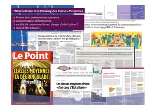5
L’Observatoire	
  FreeThinking	
  des	
  Classes	
  Moyennes	
  	
  
La	
  France	
  des	
  consommateurs	
  pauvres.	
  
Le	
  consommateur	
  déﬂa4onniste.	
  
La	
  société	
  de	
  consomma4on	
  en	
  danger	
  d’ubérisa4on	
  ?	
  	
  	
  	
  
Le	
  coup	
  d’état	
  citoyen…	
  	
  
 
