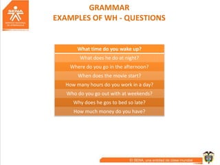 GRAMMAR
EXAMPLES OF WH - QUESTIONS
What time do you wake up?
What does he do at night?
Where do you go in the afternoon?
When does the movie start?
How many hours do you work in a day?
Who do you go out with at weekends?
Why does he gos to bed so late?
How much money do you have?
 