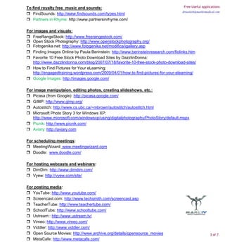 To find royalty free music and sounds:                                               Free Useful applications
                                                                                    drneelesh@markivmedical.com
   FindSounds: http://www.findsounds.com/types.html
   Partners in Rhyme: http://www.partnersinrhyme.com/

For images and visuals:
   FreeRangeStock: http://www.freerangestock.com/
   Open Stock Photography: http://www.openstockphotography.org/
   Fotogenika.net: http://www.fotogenika.net/modifica/igallery.asp
   Finding Images Online by Paula Berinstein: http://www.berinsteinresearch.com/fiolinks.htm
   Favorite 10 Free Stock Photo Download Sites by DazzlinDonna:
   http://www.dazzlindonna.com/blog/2007/07/18/favorite-10-free-stock-photo-download-sites/
   How to Find Pictures for Your eLearning:
   http://engagedtraining.wordpress.com/2009/04/01/how-to-find-pictures-for-your-elearning/
   Google Images: http://images.google.com/

For image maniputaion, editing photos, creating slideshows, etc.:
   Picasa (from Google): http://picasa.google.com/
   GIMP: http://www.gimp.org/
   Autostitch: http://www.cs.ubc.ca/~mbrown/autostitch/autostitch.html
   Microsoft Photo Story 3 for Windows XP:
   http://www.microsoft.com/windowsxp/using/digitalphotography/PhotoStory/default.mspx
   Picnik: http://www.picnik.com/
   Aviary: http://aviary.com

For scheduling meetings:
   MeetingWizard: www.meetingwizard.com
   Doodle: www.doodle.com/

For hosting webcasts and webinars:
   DimDim: http://www.dimdim.com/
   Vyew: http://vyew.com/site/

For posting media:
   YouTube: http://www.youtube.com/
   Screencast.com: http://www.techsmith.com/screencast.asp
   TeacherTube: http://www.teachertube.com/
   SchoolTube: http://www.schooltube.com/
   Ustream:: http://www.ustream.tv/
   Vimeo: http://www.vimeo.com/
   Viddler: http://www.viddler.com/
   Open Source Movies: http://www.archive.org/details/opensource_movies                                3 of 7.
   MetaCafe: http://www.metacafe.com/
 