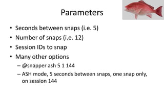 Parameters
• Seconds between snaps (i.e. 5)
• Number of snaps (i.e. 12)
• Session IDs to snap
• Many other options
– @snap...