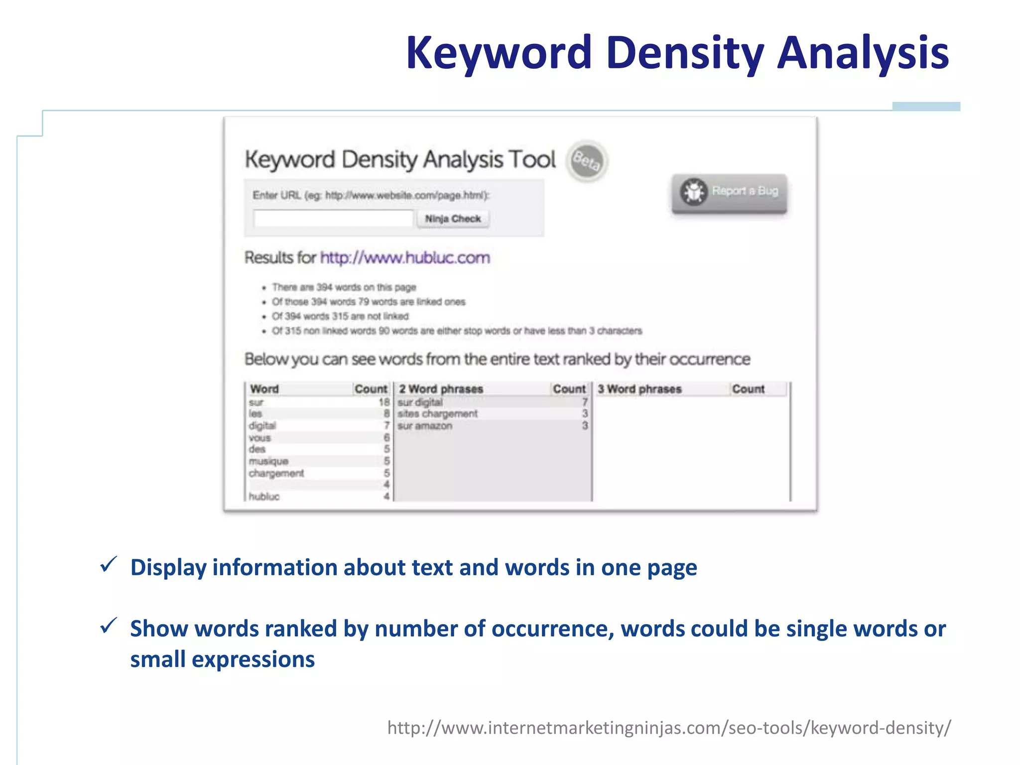 Keyword Density Analysis




 Display information about text and words in one page

 Show words ranked by number of occurrence, words could be single words or
  small expressions

                          http://www.internetmarketingninjas.com/seo-tools/keyword-density/
 