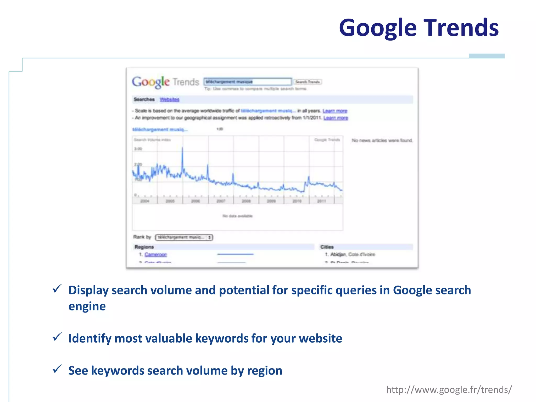 Google Trends




 Display search volume and potential for specific queries in Google search
  engine

 Identify most valuable keywords for your website

 See keywords search volume by region
                                                           http://www.google.fr/trends/
 