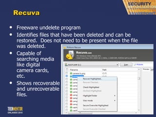 Recuva Freeware undelete program Identifies files that have been deleted and can be restored.  Does not need to be present when the file was deleted. Capable of searching media like digital camera cards, etc. Shows recoverable and unrecoverable files. 