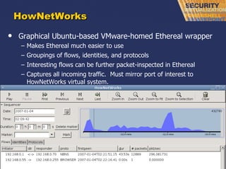 HowNetWorks Graphical Ubuntu-based VMware-homed Ethereal wrapper Makes Ethereal much easier to use Groupings of flows, identities, and protocols Interesting flows can be further packet-inspected in Ethereal Captures all incoming traffic.  Must mirror port of interest to HowNetWorks virtual system. 