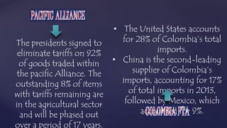 The presidents signed to 
eliminate tariffs on 92% 
of goods traded within 
the pacific Alliance. The 
outstanding 8% of items 
with tariffs remaining are 
in the agricultural sector 
and will be phased out 
over a period of 17 years. 
• The United States accounts 
for 28% of Colombia’s total 
imports. 
• China is the second-leading 
supplier of Colombia’s 
imports, accounting for 17% 
of total imports in 2013, 
followed by Mexico, which 
accounted for 9%. 
 