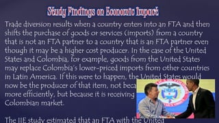Trade diversion results when a country enters into an FTA and then 
shifts the purchase of goods or services (imports) from a country 
that is not an FTA partner to a country that is an FTA partner even 
though it may be a higher cost producer. In the case of the United 
States and Colombia, for example, goods from the United States 
may replace Colombia’s lower-priced imports from other countries 
in Latin America. If this were to happen, the United States would 
now be the producer of that item, not because it produces the good 
more efficiently, but because it is receiving preferential access to the 
Colombian market. 
The IIE study estimated that an FTA with the United 
 