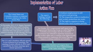 1) Indirect employment is still 
pervasive and growing 
2) The inspection system is ineffective 
and worker protections are weak; 
3) The right to organize is being 
denied and a lack of justice prevails. 
The United States and 
Colombia continue to cooperate 
on issues related to the Labor 
Action Plan. 
In November 2013, U.S. Deputy Secretary 
of Labor Seth Harris and Colombian 
Minister of Labor Rafael Pardo Rueda 
stated that they had agreed to continue 
bilateral meetings at least through 2014 on 
commitments in the Action Plan. 
The U.S. and Colombian officials agreed 
to two technical-level meetings, one 
meeting of senior officials in 2014, and 
a possibility for future meetings upon 
mutual agreement. 
The report’s 
findings include 
the following: 
An October 2013 congressional staff report to the 
Congressional Monitoring Group on Labor Rights in 
Colombia acknowledges that the Colombian 
government has undertaken important measures to 
protect worker rights and is working at the highest levels 
of government to implement the Action Plan and 
improve working conditions in Colombia. 
A few Members of Congress have 
expressed concerns about implementation 
of the Labor Action Plan. 
 