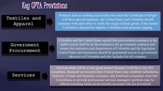 Textiles and 
Apparel 
Products such as clothing and textiles that meet the Certificate of Origin 
will have special treatment, the United States and Colombia should 
cooperate with each other to verify the origin of these goods, if the market 
Colombia is harmed by imports, Colombia used measures staging. 
Government 
Procurement 
Colombia and the United States agreed that procurement contracts in the 
public sector shall be no discrimination for government contracts and 
means that ministries and departments of Colombia and the legislature 
United States and businesses should be guaranteed access to government 
takeovers of Colombia and also includes his oil company. 
Services 
Services trade will be a very good market because it will have very few 
exceptions, financial service providers United States may establish subsidiaries, 
branches of bank and insurance company, and American companies must hire 
Colombians to provide professional services managers’ portfolio may be 
offered including funds social security accounts who are privatized 
 