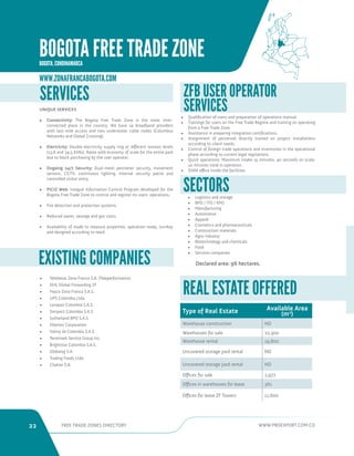 22 FREE TRADE ZONES DIRECTORY WWW.PROEXPORT.COM.CO 
SERVICES 
EXISTING COMPANIES 
UNIQUE SERVICES 
• Connectivity: The Bogota Free Trade Zone is the most inter-connected 
place in the country. We have 14 broadband providers 
with last-mile access and two underwater cable nodes (Columbus 
Networks and Global Crossing). 
• Electricity: Double electricity supply ring at different tension levels 
(13.8 and 34.5 kVAs). Rates with economy of scale for the entire park 
due to block purchasing by the user operator. 
• Ongoing 24/7 Security: Dual-mesh perimeter security, movement 
sensors, CCTV, continuous lighting, internal security patrol and 
controlled visitor entry. 
• PICIZ Web: Integral Information Control Program developed for the 
Bogota Free Trade Zone to control and register its users’ operations. 
• Fire detection and protection systems. 
• Reduced water, sewage and gas costs. 
• Availability of made to measure properties, operation-ready, turnkey 
and designed according to need. 
• Qualification of users and preparation of operations manual. 
• Trainings for users on the Free Trade Regime and training on operating 
from a Free Trade Zone. 
• Assistance in preparing integration certifications. 
• Assignment of personnel directly trained on project installations 
according to client needs. 
• Control of foreign trade operations and inventories in the operational 
phase according to current legal regulations. 
• Quick operations: Maximum intake 15 minutes, 40 seconds on scale, 
10 minutes total in operation. 
• DIAN office inside the facilities. 
• Teledatos Zona Franca S.A. (Teleperformance) 
• DHL Global Forwarding ZF 
• Fepco Zona Franca S.A.S. 
• UPS Colombia Ltda. 
• Levapan Colombia S.A.S. 
• Genpact Colombia S.A.S. 
• Sutherland BPO S.A.S. 
• Fibertex Corporation 
• Valmy de Colombia S.A.S. 
• Terremark Service Group Inc. 
• Brightstar Colombia S.A.S. 
• Globalog S.A. 
• Trading Foods Ltda. 
• Chalver S.A. 
ZFB USER OPERATOR 
SERVICES 
REAL ESTATE OFFERED 
Type of Real Estate Available Area 
(m2) 
Warehouse construction ND 
Warehouses for sale 22,300 
Warehouse rental 19,800 
Uncovered storage yard rental ND 
Uncovered storage yard rental ND 
Offices for sale 2,972 
Offices in warehouses for lease 361 
Offices for lease ZF Towers 11,600 
• Logistics and storage 
• BPO / ITO / KPO 
• Manufacturing 
• Automotive 
• Apparel 
• Cosmetics and pharmaceuticals 
• Construction materials 
• Agro-industry 
• Biotechnology and chemicals 
• Food 
• Services companies 
Declared area: 96 hectares. 
SECTORS 
WWW.ZONAFRANCABOGOTA.COM 
BOGOTA FREE TRADE ZONE 
BOGOTA, CUNDINAMARCA 
 