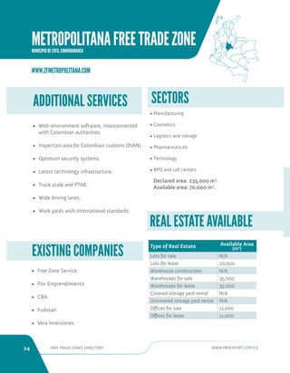 24 FREE TRADE ZONES DIRECTORY WWW.PROEXPORT.COM.CO 
ADDITIONAL SERVICES 
• Web-environment software, interconnected 
with Colombian authorities. 
• Inspection area for Colombian customs (DIAN). 
• Optimum security systems. 
• Latest technology infrastructure. 
• Truck scale and PTAR. 
• Wide driving lanes. 
• Work yards with international standards. 
• Manufacturing 
• Cosmetics 
• Logistics and storage 
• Pharmaceuticals 
• Technology 
• BPO and call centers 
Declared area: 235,000 m2. 
Available area: 70,000 m2. 
• Free Zone Service 
• Flor Emprendimiento 
• CRA 
• Fudosan 
• Vera Inversiones 
SECTORS 
EXISTING COMPANIES 
REAL ESTATE AVAILABLE 
Type of Real Estate Available Area 
(m2) 
Lots for sale N/A 
Lots for lease 20,000 
Warehouse construction N/A 
Warehouses for sale 35,000 
Warehouses for lease 35,000 
Covered storage yard rental N/A 
Uncovered storage yard rental N/A 
Offices for sale 11,000 
Offices for lease 11,000 
WWW.ZFMETROPOLITANA.COM 
METROPOLITANA FREE TRADE ZONE 
MUNICIPIO DE COTA, CUNDINAMARCA 
 