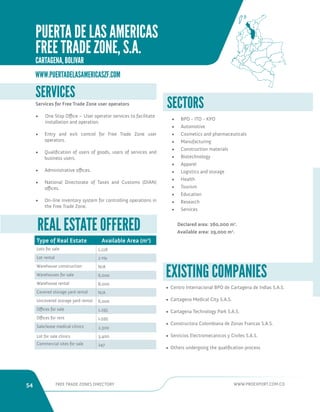 54 FREE TRADE ZONES DIRECTORY WWW.PROEXPORT.COM.CO 
SERVICES 
SECTORS 
• BPO - ITO - KPO 
• Automotive 
• Cosmetics and pharmaceuticals 
• Manufacturing 
• Construction materials 
• Biotechnology 
• Apparel 
• Logistics and storage 
• Health 
• Tourism 
• Education 
• Research 
• Services 
Declared area: 260,000 m2. 
Available area: 29,000 m2. 
Services for Free Trade Zone user operators 
• One Stop Office – User operator services to facilitate 
installation and operation. 
• Entry and exit control for Free Trade Zone user 
operators. 
• Qualification of users of goods, users of services and 
business users. 
• Administrative offices. 
• National Directorate of Taxes and Customs (DIAN) 
offices. 
• On-line inventory system for controlling operations in 
the Free Trade Zone. 
Type of Real Estate Available Area (m2) 
Lots for sale 1,118 
Lot rental 2 Ha 
Warehouse construction N/A 
Warehouses for sale 6,000 
Warehouse rental 8,000 
Covered storage yard rental N/A 
Uncovered storage yard rental 6,000 
Offices for sale 1,195 
Offices for rent 1,595 
Sale/lease medical clinics 2,300 
Lot for sale clinics 3,400 
Commercial sites for sale 247 
REAL ESTATE OFFERED 
• Centro Internacional BPO de Cartagena de Indias S.A.S. 
• Cartagena Medical City S.A.S. 
• Cartagena Technology Park S.A.S. 
• Constructora Colombiana de Zonas Francas S.A.S. 
• Servicios Electromecanicos y Civiles S.A.S. 
• Others undergoing the qualification process 
EXISTING COMPANIES 
WWW.PUERTADELASAMERICASZF.COM 
PUERTA DE LAS AMERICAS 
FREE TRADE ZONE, S.A. 
CARTAGENA, BOLIVAR. 
 