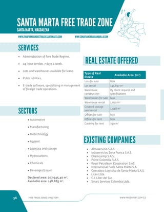 56 FREE TRADE ZONES DIRECTORY WWW.PROEXPORT.COM.CO 
• Almaservicio S.A.S. 
• Induservicios Zona Franca S.A.S. 
• Chemcarmp S.A.S. 
• Prime Colombia S.A.S. 
• Royal Petroleum Corporation S.AS. 
• International Fuels Santa Marta S.A. 
• Operadora Logistica de Santa Marta S.A.S. 
• Litex Ltda. 
• C.I. Liber del Sur 
• Smart Services Colombia Ltda. 
EXISTING COMPANIES 
SERVICES 
• Administration of Free Trade Regime. 
• 24-hour service, 7 days a week. 
• Lots and warehouses available for lease. 
• Public utilities. 
• E-trade software, specializing in management 
of foreign trade operations. 
SECTORS 
• Automotive 
• Manufacturing 
• Biotechnology 
• Apparel 
• Logistics and storage 
• Hydrocarbons 
• Chemicals 
• Beverages/Liquor 
Declared area: 307,945.40 m2. 
Available area: 148,885 m2. 
Type of Real 
Estate 
Available Area (m2) 
Lots for sale N/A 
Lot rental 145,697 m2 
Warehouse 
construction 
By client request and 
specifications 
Warehouses for sale N/A 
Warehouse rental 1,010 m2 
Covered storage 
yard rental 
1,948 m2 
Offices for sale N/A 
Offices for rent N/A 
Catering for rent 230 m2 
REAL ESTATE OFFERED 
WWW.ZONAFRANCAINDUSTRIALDESANTAMARTA.COM WWW.ZONAFRANCABARRANQUILLA.COM 
SANTA MARTA FREE TRADE ZONE 
SANTA MARTA, MAGDALENA 
 