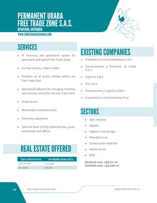 70 FREE TRADE ZONES DIRECTORY WWW.PROEXPORT.COM.CO 
• Promotora Clinica Panamericana S.A.S. 
• Construcciones y Concretos de Uraba 
S.A.S. 
• Logizone S.A.S. 
• Cliu S.A.S. 
• Importaciones y Logistica Zahen 
• Arquitectura y Construcciones Proa 
EXISTING COMPANIES SERVICES 
• IT inventory and operational system for 
permanent and special Free Trade Zones. 
• 24-hour service, 7 days a week. 
• Provision of all public utilities within the 
Free Trade Zone. 
• Specialized software for managing inventory 
and security control for the Free Trade Zone. 
• Scale service. 
• Wastewater treatment plant. 
• Electricity substation. 
• Sale and lease of fully urbanized lots, yards, 
warehouses and offices. 
SECTORS 
• Agro-industry 
• Apparel 
• Logistics and storage 
• Manufacturing 
• Construction materials 
• Health sector 
• BPO 
Declared area: 258,711 m2. 
Available area: 148,046 m2. 
REAL ESTATE OFFERED 
Type of Real Estate Available Area (m2) 
Lots for sale 130,046 
Lot rental 18,000 
WWW.ZONAFRANCADEURABA.COM 
PERMANENT URABA 
FREE TRADE ZONE S.A.S. 
APARTADO, ANTIOQUIA. 
 