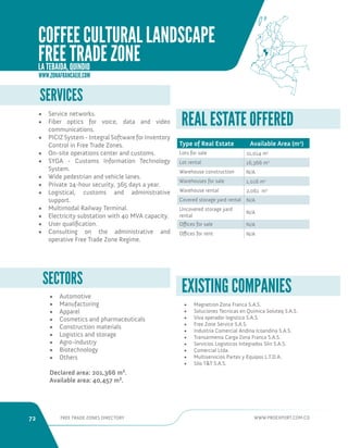 72 FREE TRADE ZONES DIRECTORY WWW.PROEXPORT.COM.CO 
• Magnetron Zona Franca S.A.S. 
• Soluciones Tecnicas en Quimica Soluteq S.A.S. 
• Viva operador logistico S.A.S. 
• Free Zone Service S.A.S. 
• Industria Comercial Andina Icoandina S.A.S. 
• Transarmenia Carga Zona Franca S.A.S. 
• Servicios Logisticos Integrados Slin S.A.S. 
• Comercial Ltda. 
• Multiservicios Partes y Equipos L.T.D.A. 
• Silo TT S.A.S. 
EXISTING COMPANIES 
SERVICES 
• Service networks. 
• Fiber optics for voice, data and video 
communications. 
• PICIZ System - Integral Software for Inventory 
Control in Free Trade Zones. 
• On-site operations center and customs. 
• SYGA - Customs Information Technology 
System. 
• Wide pedestrian and vehicle lanes. 
• Private 24-hour security, 365 days a year. 
• Logistical, customs and administrative 
support. 
• Multimodal Railway Terminal. 
• Electricity substation with 40 MVA capacity. 
• User qualification. 
• Consulting on the administrative and 
operative Free Trade Zone Regime. 
SECTORS 
• Automotive 
• Manufacturing 
• Apparel 
• Cosmetics and pharmaceuticals 
• Construction materials 
• Logistics and storage 
• Agro-industry 
• Biotechnology 
• Others 
Declared area: 201,366 m². 
Available area: 40,457 m². 
Type of Real Estate Available Area (m2) 
Lots for sale 21,014 m2 
Lot rental 16,366 m2 
Warehouse construction N/A 
Warehouses for sale 1,016 m2 
Warehouse rental 2,061 m2 
Covered storage yard rental N/A 
Uncovered storage yard 
rental 
N/A 
Offices for sale N/A 
Offices for rent N/A 
REAL ESTATE OFFERED 
WWW.ZONAFRANCAEJE.COM 
COFFEE CULTURAL LANDSCAPE 
FREE TRADE ZONE 
LA TEBAIDA, QUINDIO 
 