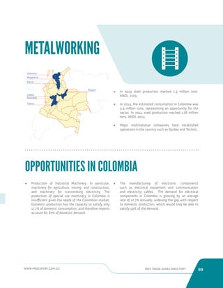 WWW.PROEXPORT.COM.CO FREE TRADE ZONES DIRECTORY 99 
• In 2013 steel production reached 1.3 million tons. 
ANDI, 2103. 
• In 2014, the estimated consumption in Colombia was 
3.4 million tons, representing an opportunity for the 
sector. In 2011, steel production reached 1.78 million 
tons. ANDI, 2013. 
• Major multinational companies have established 
operations in the country such as Gerdau and Techint. 
• Production of Industrial Machinery. In particular, 
machinery for agriculture, mining, and construction, 
and machinery for transmitting electricity. The 
production of special use machinery in Colombia is 
insufficient given the needs of the Colombian market. 
Domestic production has the capacity to satisfy only 
17.7% of domestic consumption, and therefore imports 
account for 87% of domestic demand. 
METALWORKING 
OPPORTUNITIES IN COLOMBIA 
• The manufacturing of electronic components 
such as electrical equipment and communication 
and electricity cables. The demand for electrical 
components in Colombia is growing by an average 
rate of 10.7% annually, widening the gap with respect 
to domestic production, which would only be able to 
satisfy 59% of the demand. 
Bolívar 
Caldas 
Risaralda 
Tolima 
Boyaca 
Magdalena 
Atlantico 
 