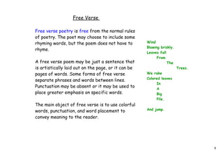 Free Verse

Free verse poetry is free from the normal rules
of poetry. The poet may choose to include some
rhyming words, but the poem does not have to         Wind
                                                     Blowing briskly.
rhyme.
                                                     Leaves fall
                                                           From
A free verse poem may be just a sentence that                    The
is artistically laid out on the page, or it can be                      Trees.
pages of words. Some forms of free verse             We rake
                                                     Colored leaves
separate phrases and words between lines.
                                                          In
Punctuation may be absent or it may be used to            A
place greater emphasis on specific words.                 Big
                                                          Pile.
The main object of free verse is to use colorful
words, punctuation, and word placement to            And jump.

convey meaning to the reader.




                                                                                 1
 