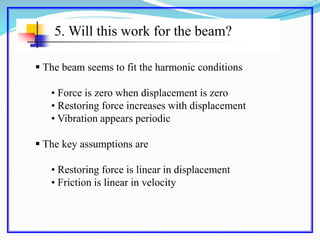 5. Will this work for the beam?
 The beam seems to fit the harmonic conditions
• Force is zero when displacement is zero
• Restoring force increases with displacement
• Vibration appears periodic
 The key assumptions are
• Restoring force is linear in displacement
• Friction is linear in velocity
 