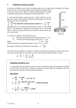 5. TORSIONAL OSCILLATIONS
A torsional oscillation occurs when a restoring torque acts on a body which is displaced by turning
it about its axis. The restoring torque may be caused by twisting a shaft
or by some other form of spring. A torsional spring produces a torque
(T) directly proportional to the angle of twist (Q) such that T = kt θ.
kt is the torsional spring constant and for a simple shaft this may be
derived in terms of the material dimensions and properties. From the
tutorial on torsion we found that:
L
GJ
θ
T
kisconstantspringtorsionalthewhichfrom
L
Gθ
J
T
t ===
Remember that J is the polar second moment of area, L is the length
and G is the modulus of rigidity for the material. For a solid round
shaft J = πD4
/32. Consider a flywheel of moment of inertia I on the end
of a vertical shaft.
Figure 24
If a torque T is applied to the flywheel it must
1) Overcome the inertia (inertia torque) by the law T = Iα
2) Twist the shaft (spring torque) by the law T = kt θ
Hence T = Iα + Kt θ
When the flywheel is released, the torque is zero so 0 =Iα + Kt θ
Rearrange to make the acceleration (α) the subject θ
I
k
α t
−=
This shows that the angular acceleration is directly proportional to displacement angle and always
towards the rest position so the motion is S.H.M. The constant of proportionality ω2
hence:
I
k
2π
1
2π
ω
f
I
k
ω tt2
===
WORKED EXAMPLE No.11
A vertical shaft 20 mm diameter and 0.8 m long is made from metal with a modulus of rigidity
G of 80 GPa. The shaft has a flywheel of moment of inertia 30kg m2 mounted on the end.
Determine the frequency of the torsional oscillations.
SOLUTION
Nm/radian1570.8
0.8
10x15.7x10x80
L
GJ
θ
T
k
m10x15.7
32
0.02xπ
32
πD
J
9-9
t
49
44
====
=== −
1.152Hz
30
1570.8
2π
1
I
k
2π
1
f t
===
© D.J.DUNN 23
 