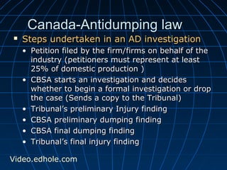 CCaannaaddaa--AAnnttiidduummppiinngg llaaww 
 SStteeppss uunnddeerrttaakkeenn iinn aann AADD iinnvveessttiiggaattiioonn 
• PPeettiittiioonn ffiilleedd bbyy tthhee ffiirrmm//ffiirrmmss oonn bbeehhaallff ooff tthhee 
iinndduussttrryy ((ppeettiittiioonneerrss mmuusstt rreepprreesseenntt aatt lleeaasstt 
2255%% ooff ddoommeessttiicc pprroodduuccttiioonn )) 
• CCBBSSAA ssttaarrttss aann iinnvveessttiiggaattiioonn aanndd ddeecciiddeess 
wwhheetthheerr ttoo bbeeggiinn aa ffoorrmmaall iinnvveessttiiggaattiioonn oorr ddrroopp 
tthhee ccaassee ((SSeennddss aa ccooppyy ttoo tthhee TTrriibbuunnaall)) 
• TTrriibbuunnaall’’ss pprreelliimmiinnaarryy IInnjjuurryy ffiinnddiinngg 
• CCBBSSAA pprreelliimmiinnaarryy dduummppiinngg ffiinnddiinngg 
• CCBBSSAA ffiinnaall dduummppiinngg ffiinnddiinngg 
• TTrriibbuunnaall’’ss ffiinnaall iinnjjuurryy ffiinnddiinngg 
Video.edhole.com 
 
