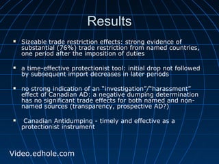 RReessuullttss 
 Sizeable trade restriction effects: strong evidence of 
substantial (76%) trade restriction from named countries, 
one period after the imposition of duties 
 a time-effective protectionist tool: initial drop not followed 
by subsequent import decreases in later periods 
 no strong indication of an “investigation”/“harassment” 
effect of Canadian AD: a negative dumping determination 
has no significant trade effects for both named and non-named 
sources (transparency, prospective AD?) 
 Canadian Antidumping - timely and effective as a 
protectionist instrument 
Video.edhole.com 
 