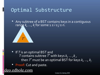 Optimal Substructure 
 Any subtree of a BST contains keys in a contiguous 
range ki, ..., kj for some 1 ≤ i ≤ j ≤ n. 
 If T is an optimal BST and 
T contains subtree T¢ with keys ki, ... ,kj , 
then T¢ must be an optimal BST for keys ki, ..., kj. 
 Proof: Cut and paste. 
Comp 122, Spring 2004 
T 
T¢ 
video.edhole.com 
 