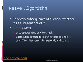 Naïve Algorithm 
 For every subsequence of X, check whether 
it’s a subsequence of Y . 
 Time: Θ(n2m). 
 2m subsequences of X to check. 
 Each subsequence takes Θ(n) time to check: 
scan Y for first letter, for second, and so on. 
Comp 122, Spring 2004 video.edhole.com 
 