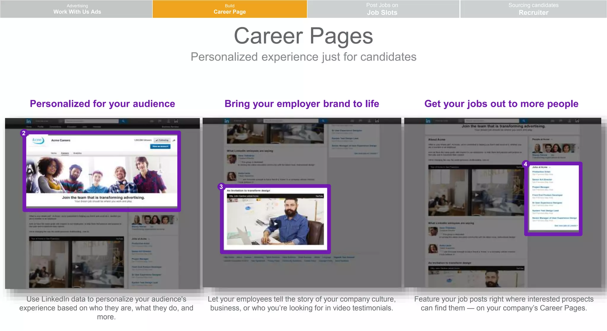 Career Pages
Personalized experience just for candidates
Advertising
Work With Us Ads
Post Jobs on
Job Slots
Sourcing candidates
Recruiter
Build
Career Page
2
3
4
Use LinkedIn data to personalize your audience's
experience based on who they are, what they do, and
more.
Personalized for your audience Bring your employer brand to life Get your jobs out to more people
Let your employees tell the story of your company culture,
business, or who you’re looking for in video testimonials.
Feature your job posts right where interested prospects
can find them — on your company’s Career Pages.
 