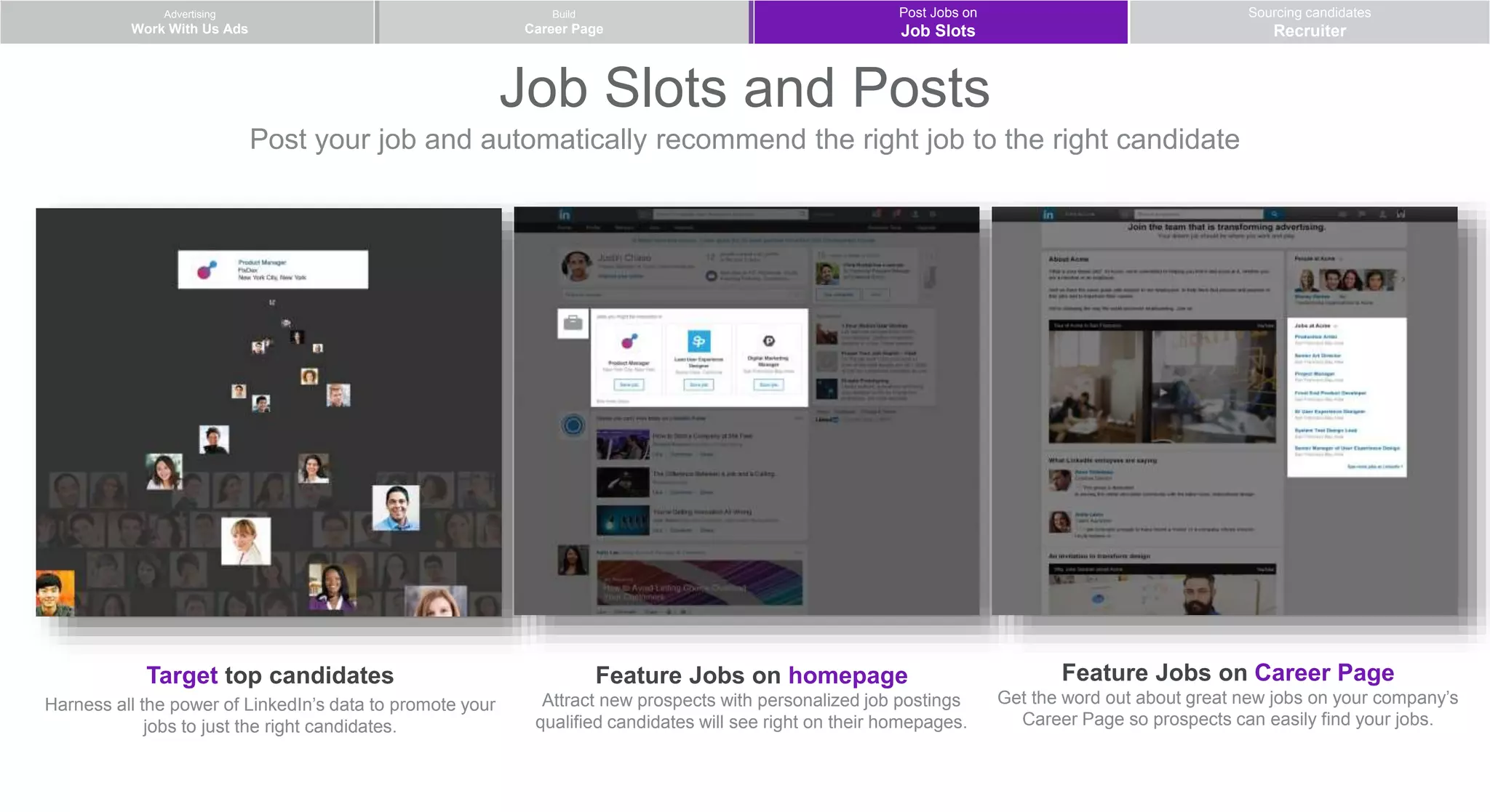 Post your job and automatically recommend the right job to the right candidate
Advertising
Work With Us Ads
Post Jobs on
Job Slots
Sourcing candidates
Recruiter
Build
Career Page
Target top candidates
Harness all the power of LinkedIn’s data to promote your
jobs to just the right candidates.
Feature Jobs on homepage
Attract new prospects with personalized job postings
qualified candidates will see right on their homepages.
Feature Jobs on Career Page
Get the word out about great new jobs on your company’s
Career Page so prospects can easily find your jobs.
Job Slots and Posts
 