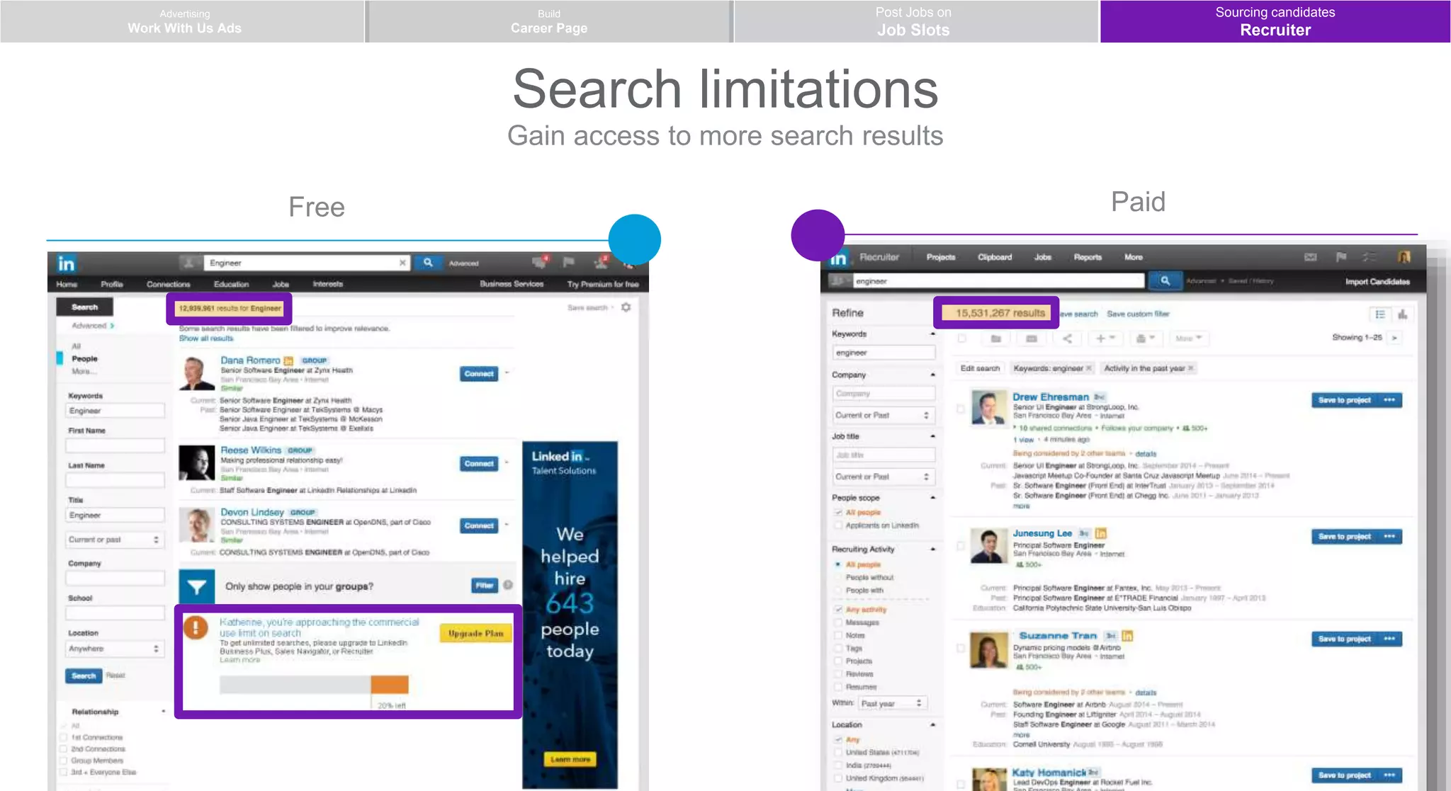 Advertising
Work With Us Ads
Post Jobs on
Job Slots
Build
Career Page
Search limitations
Gain access to more search results
PaidFree
Sourcing candidates
Recruiter
 