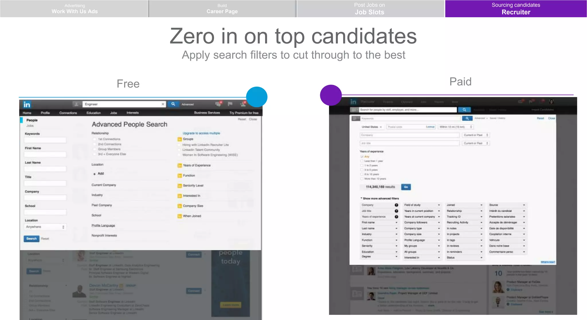 Advertising
Work With Us Ads
Post Jobs on
Job Slots
Build
Career Page
Zero in on top candidates
Apply search filters to cut through to the best
PaidFree
Sourcing candidates
Recruiter
 