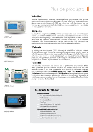 3
Velocidad
Uno de los principales objetivos de la plataforma programable FREE es que
nuestros clientes resulten más rápidos en alcanzar soluciones para sus clientes.
Numerosas características del FREE permiten una real disminución de los
tiempos que transcurren entre la definición de una nueva aplicación y la entrada
en producción de la misma.
Compacto
La plataforma programable FREE permite que los clientes sean competitivos en
costes. Los controles FREE han sido fabricados prestando especial atención a las
soluciones tecnológicas y a sus dimensiones, lo que permite alcanzar notables
resultados en sencillez, modularidad y diseño compacto. Las soluciones
integradas y las dimensiones reducidas de los controles FREE permiten que
nuestros clientes obtengan ventajas económicas reales e inmediatas.
Eficiencia
La plataforma programable FREE, completa y escalable a distintos niveles
de complejidad, deja libertad a nuestros clientes para que puedan elegir la
solución que consideren mejor para su aplicación. Eso permite hallar fácilmente
soluciones que tienen en cuenta los costes y/o una reducción de los códigos de
producto, incluyendo soluciones más abiertas para futuros desarrollos o futuras
exigencias de sistema, especialmente en conectividad.
Fiabilidad
Los elevados estándares de calidad de la plataforma programable FREE
Way permiten que los clientes reduzcan los costes provocados por una
falta de calidad, ya sea en el proceso de fabricación o en las instalaciones en
funcionamiento. Los controles FREE Smart, FREE Panel, FREE Advance y FREE
Evolution y el entorno de desarrollo FREE Studio se han realizado con criterios
innovadores pero seguros, adoptando soluciones tecnológicas avanzadas y
estables, y procesos productivos certificados y monitorizados. Eliwell es desde
siempre sinónimo de fiabilidad.
Los targets de FREE Way
Constructores de:
•	 U.T.A. (Unidades Tratamiento Aire)
•	 Enfriadoras
•	 Bombas de Calor
•	 Rooftop
•	 Acondicionadores de precisión
•	 Centrales de compresores
Instaladores/integradores de:
•	 Instalaciones todo aire
•	 Instalaciones hidrónicas
•	 Instalaciones mixtas (aire/agua)
•	 Automatización comercial
Plus de producto
Display remoto
FREE Panel
FREE Advance
FREE Evolution
 