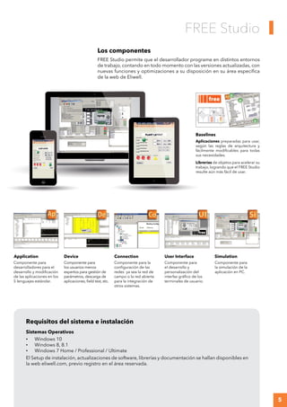 5
FREE Studio
Requisitos del sistema e instalación
Sistemas Operativos
•	 Windows 10
•	 Windows 8, 8.1
•	 Windows 7 Home / Professional / Ultimate
El Setup de instalación, actualizaciones de software, librerías y documentación se hallan disponibles en
la web eliwell.com, previo registro en el área reservada.
Los componentes
FREE Studio permite que el desarrollador programe en distintos entornos
de trabajo, contando en todo momento con las versiones actualizadas, con
nuevas funciones y optimizaciones a su disposición en su área específica
de la web de Eliwell.
Application Device Connection User Interface Simulation
Componente para
desarrolladores para el
desarrollo y modificación
de las aplicaciones en los
5 lenguajes estándar.
Componente para
los usuarios menos
expertos para gestión de
parámetros, descarga de
aplicaciones, field test, etc.
Componente para la
configuración de las
redes ya sea la red de
campo o la red abierta
para la integración de
otros sistemas.
Componente para
el desarrollo y
personalización del
interfaz gráfico de los
terminales de usuario.
Componente para
la simulación de la
aplicación en PC.
Baselines
Aplicaciones preparadas para usar,
según las reglas de arquitectura y
fácilmente modificables para todas
sus necesidades.
Librerías de objetos para acelerar su
trabajo, logrando que el FREE Studio
resulte aún más fácil de usar.
 