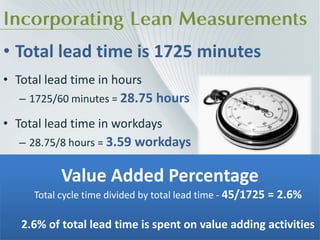 Incorporating Lean Measurements
• Total lead time is 1725 minutes
• Total lead time in hours
   – 1725/60 minutes = 28.75 hours

• Total lead time in workdays
   – 28.75/8 hours = 3.59 workdays


           Value Added Percentage
     Total cycle time divided by total lead time - 45/1725 = 2.6%

   2.6% of total lead time is spent on value adding activities
 