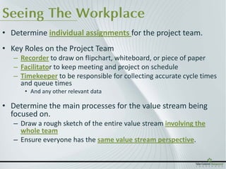 Seeing The Workplace
• Determine individual assignments for the project team.
• Key Roles on the Project Team
   – Recorder to draw on flipchart, whiteboard, or piece of paper
   – Facilitator to keep meeting and project on schedule
   – Timekeeper to be responsible for collecting accurate cycle times
     and queue times
      • And any other relevant data

• Determine the main processes for the value stream being
  focused on.
   – Draw a rough sketch of the entire value stream involving the
     whole team
   – Ensure everyone has the same value stream perspective.
 