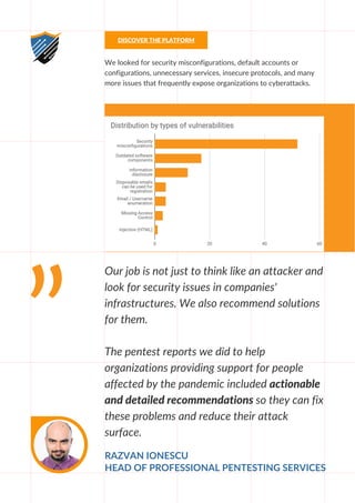 Our job is not just to think like an attacker and
look for security issues in companies'
infrastructures. We also recommend solutions
for them.
The pentest reports we did to help
organizations providing support for people
affected by the pandemic included actionable
and detailed recommendations so they can fix
these problems and reduce their attack
surface.
RAZVAN IONESCU
HEAD OF PROFESSIONAL PENTESTING SERVICES
We looked for security misconfigurations, default accounts or
configurations, unnecessary services, insecure protocols, and many
more issues that frequently expose organizations to cyberattacks.
DISCOVER THE PLATFORM
 