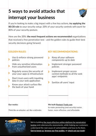 5 ways to avoid attacks that
interrupt your business
We're building the most effective online platform for penetration
testing and cybersecurity assessments, while helping our customers
understand the root cause of vulnerabilities and how to fix them.
Get to know us, browse our free guides, or check out our tools!
If you're looking to make a big impact with a few key actions, try applying the
80/20 rule to your security setup: 20% of your security controls will count for
80% of your security posture.
Here are the 20%: the most frequent actions we recommended organizations
that received a free penetration test - and the golden rules to guide their best
security decisions going forward.
Our motto:
Think like an attacker, act like a defender.
Use & enforce strong password
policies
Hide any sensitive information
from unauthorized users
Regularly assess the security of
your your apps & infrastructure
Don't trust users with inputting
data in your web application
Know your attack surface like
the back of your hand
Keep all your software
components up to date
Implement stronger password
policies
Implement proper access
control methods to all the web
apps' endpoints
Sanitize all users' input
KEY RECOMMENDATIONS:
GOLDEN RULES:
We built Pentest-Tools.com
to make pentesting (and security) easier,
faster, more effective, and affordable
 