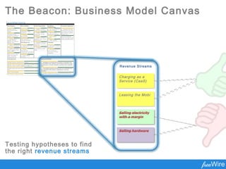 The Beacon: Business Model Canvas
Licensed from businessmodelgeneration.com under a Creative Commons Attribution-ShareAlike 3.0 Unported License
LaunchPad Central
o
Key Partners
Strategic Alliance:
Electrical grid utilities
(PG&E).
Strategic Alliance /
Coopetition: Software &
Network (ChargePoint).
 Strategic Alliance /
Supplier: Robotics
(Knightscope, Berkeley
Robotics Lab)
 Supplier: Workspace to
build and test prototype.
 Supplier: Second-life
battery suppliers (Tesla,
Nissan, BMW).
Traffic Partner / Supplier:
Electrical contractors
(EPCs - Rosendin,
Cupertino Electric).
Key Activities
Fast EV charging.
Autonomous robotic
movement.
 Prototype
demonstration.
Gov't funding for
cleantech/energy/EV
projects.
Value Propositions
 USABILITY: Increase
capacity of each charger.
 USABILITY: Prevent
charge rage amongst
employees.
 USABILITY: Increase
utilization of the charging
infrastructure.
 SCALABILITY: Ease of
installation to electrify a
large area.
 SCALABILITY: A cheaper
way to electrify a large
area.
Customer
Relationships
 GET: Product demo to
facilities managers.
 KEEP: Service &
maintenance contract.
 KEEP: Analytics
platform.
 GROW: Demand
response software.
Customer Segments
 Companies with large
parking areas and a high
percentage of employees
who commute using EVs -
Google, Cisco
Local and state-level
government agencies who
have a large fleet of EVs.
Key Resources
 Physical: Second-life li-
ion batteries.
 Physical:
Manufacturing
subcontractor specializing
in high-power electronics.
 Human: Battery
engineer.
Channels
 Direct Sales (charging
equipment)
 Value Added Resellers,
such as electrical
contractors (charging
equipment)
Cost Structure
Variable: Service & maintenance of chargers.
Variable: Product manufacturing (AC/DC converter, battery charger,
batteries, boost converter, CHAdeMO controller, etc).
Variable: Power electronics testing equipment (incubator, borrow,
rent).
Fixed: Product designer.
Fixed: Robotics software engineer.
Revenue Streams
 Charging as a Service (CaaS): Provide an attendant and
several Mobi units. Includes a guaranteed capacity per day,
maintenance, and data analytics. Customers pay a monthly
fee.
 Lease Mobi: Customers provide their own attendant and
pay monthly for the product, maintenance, and data
analytics.
 Buy Mobi: Customers buy a unit, and they have to sign up for a
maintenance & data analytics contract.
Testing hypotheses to find
the right revenue streams
Revenue Streams
Charging as a
Service (CaaS)
Charging as a
Service (CaaS)
Leasing the MobiLeasing the Mobi
 